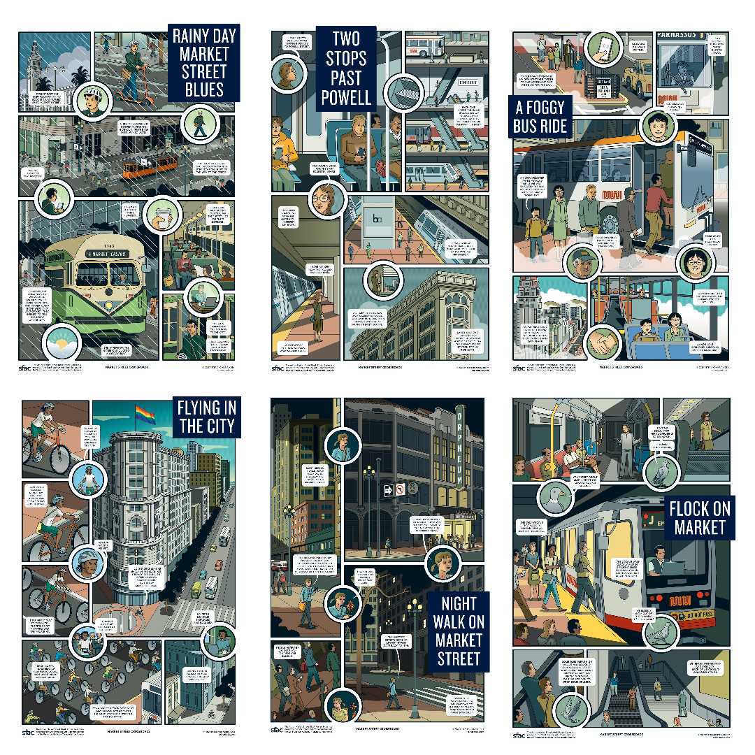 Six colorful posters for Market Street Crossroads showing different transportation methods: Muni bus, subway, biking, and walking.